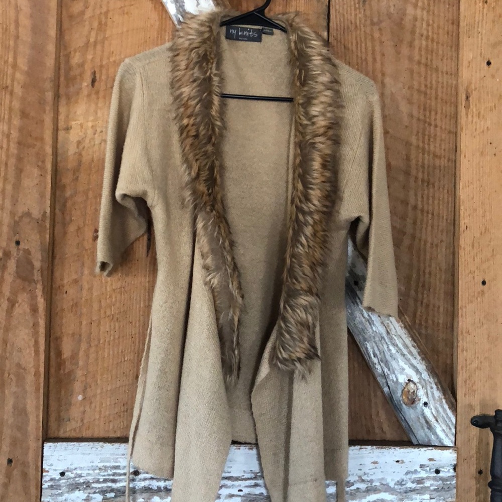 Tan, Fur Collar Cardigan
